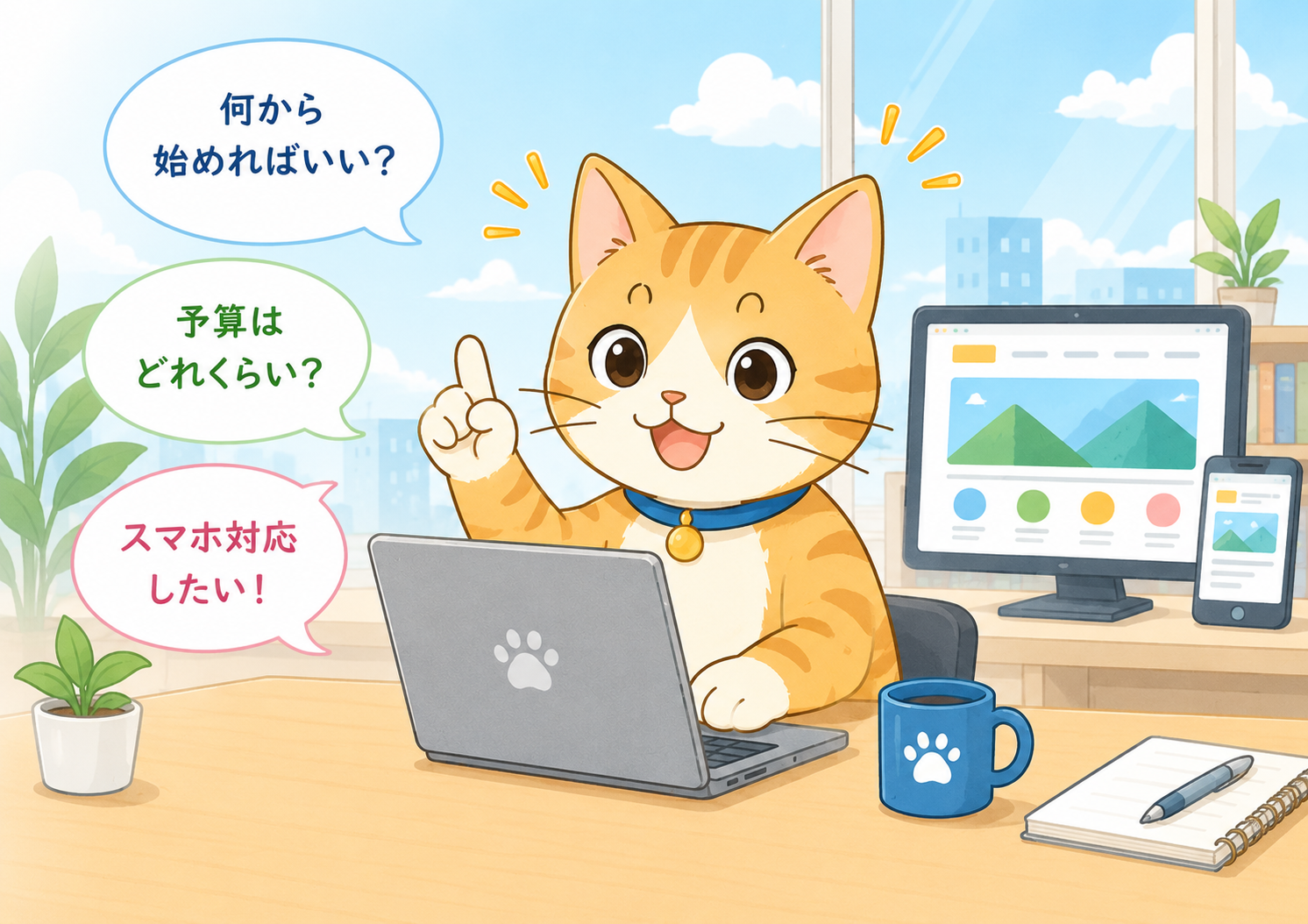 ホームページ制作を相談する明るい猫のイラスト
