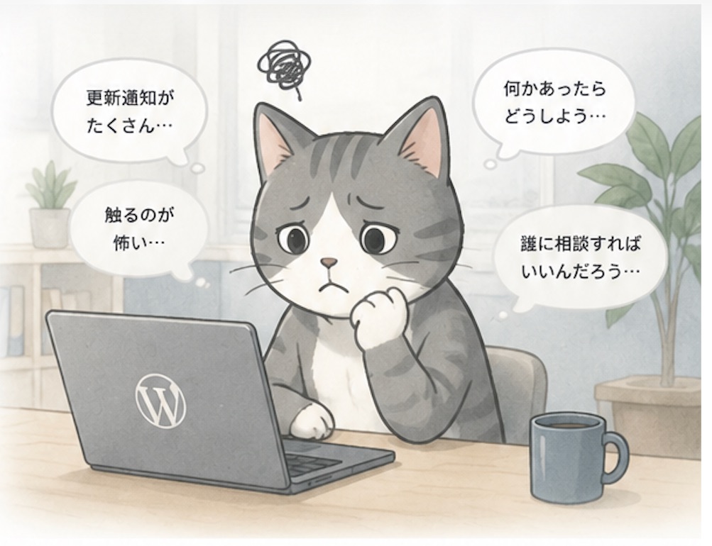 WordPressの更新に不安を感じている猫のイラスト